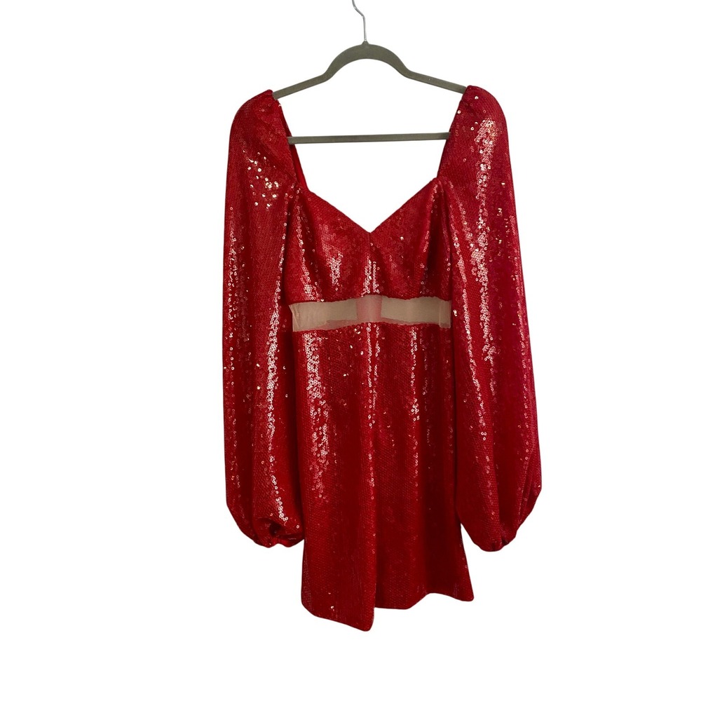 Toccin NY Red Sequin Cutout Mini Dress Long Balloon Sleeve Sweetheart